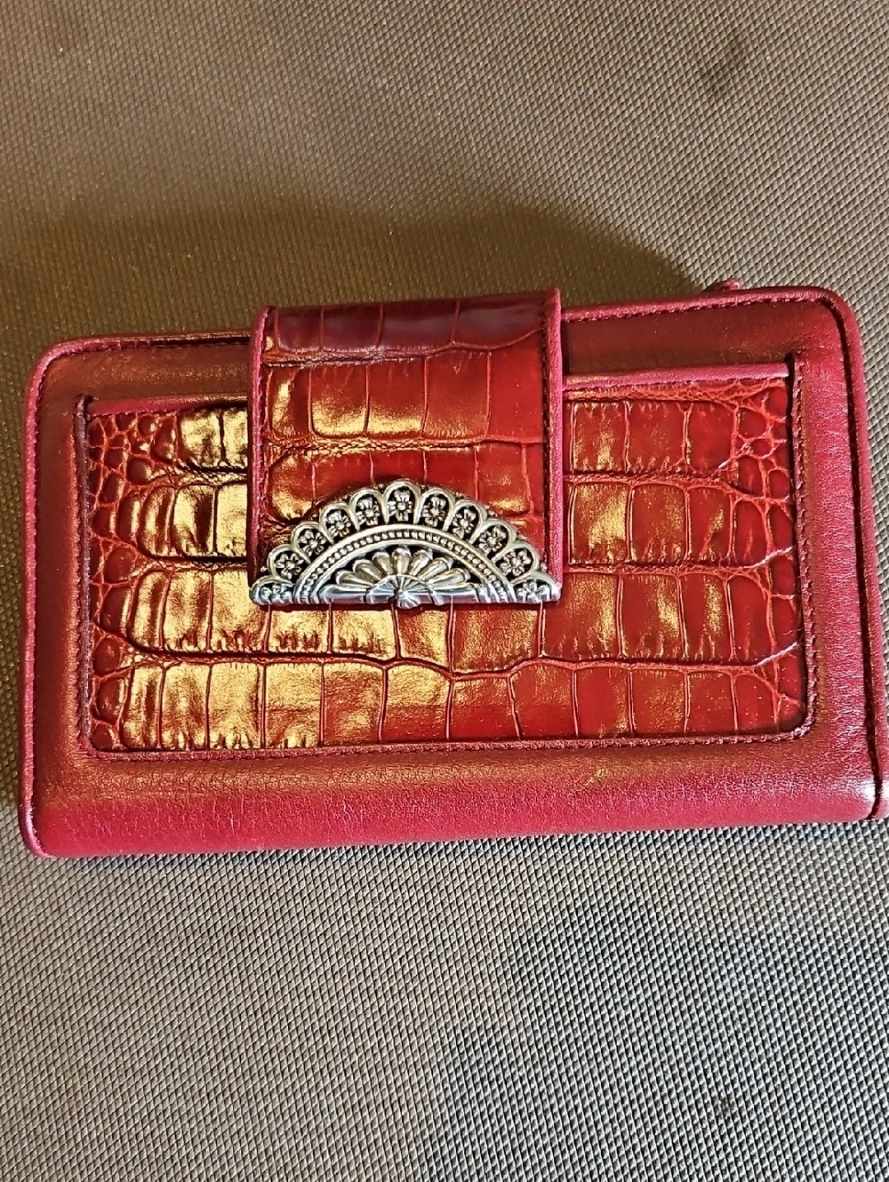Brighton Red Croc-Embossed Wallet with Silver Accent